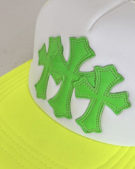 CHROME HEARTS  TRUCKER CAP KING TACO TRIPLE CROSSNEON GREEN LEATHER2024