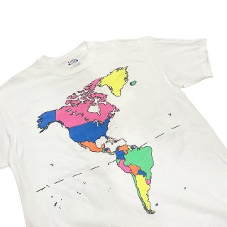 Made in USA!! 1980s "World Map" Good design print T-shirt (Ź)