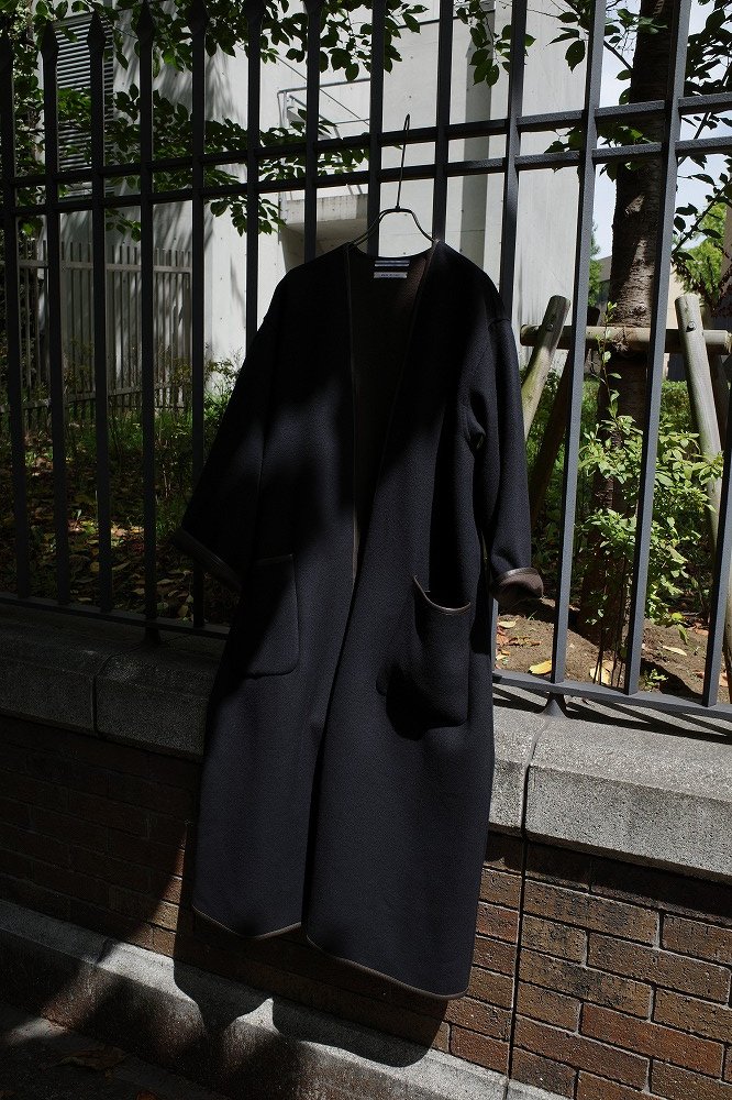 Collarless Reversible Coat With Leather Piping