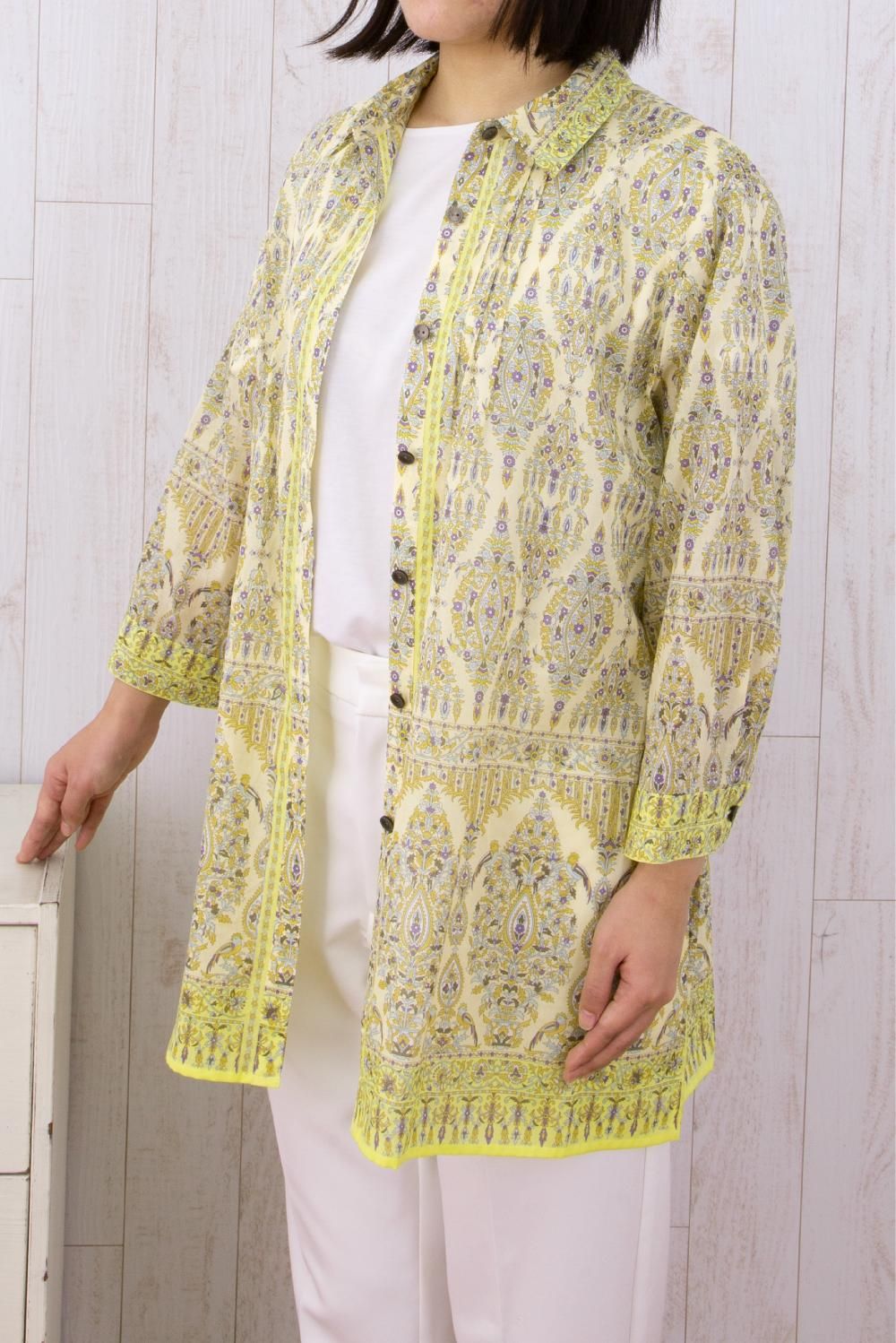 シャツ襟ピンタック入八分袖チュニックブラウス  バリカット  イエロー