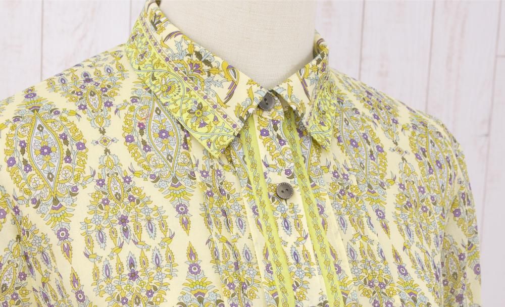 シャツ襟ピンタック入八分袖チュニックブラウス  バリカット  イエロー