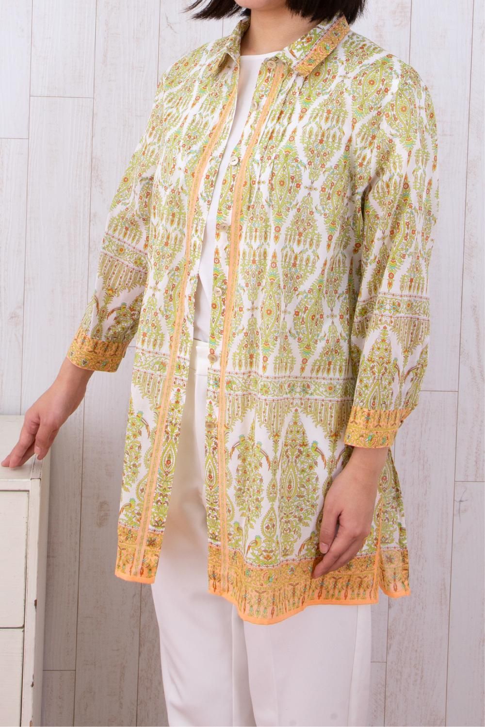 シャツ襟ピンタック入八分袖チュニックブラウス  バリカット  オレンジホワイト