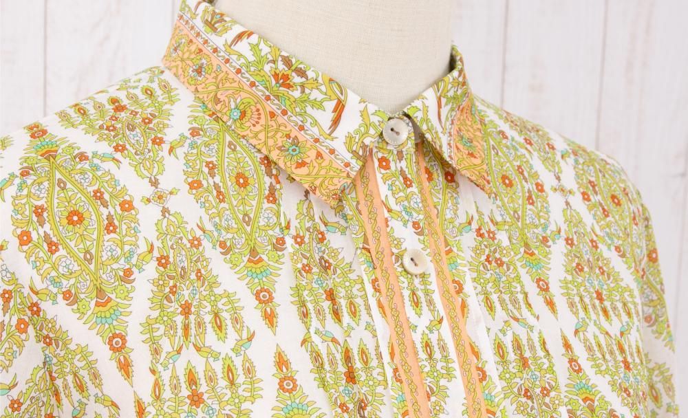 シャツ襟ピンタック入八分袖チュニックブラウス  バリカット  オレンジホワイト