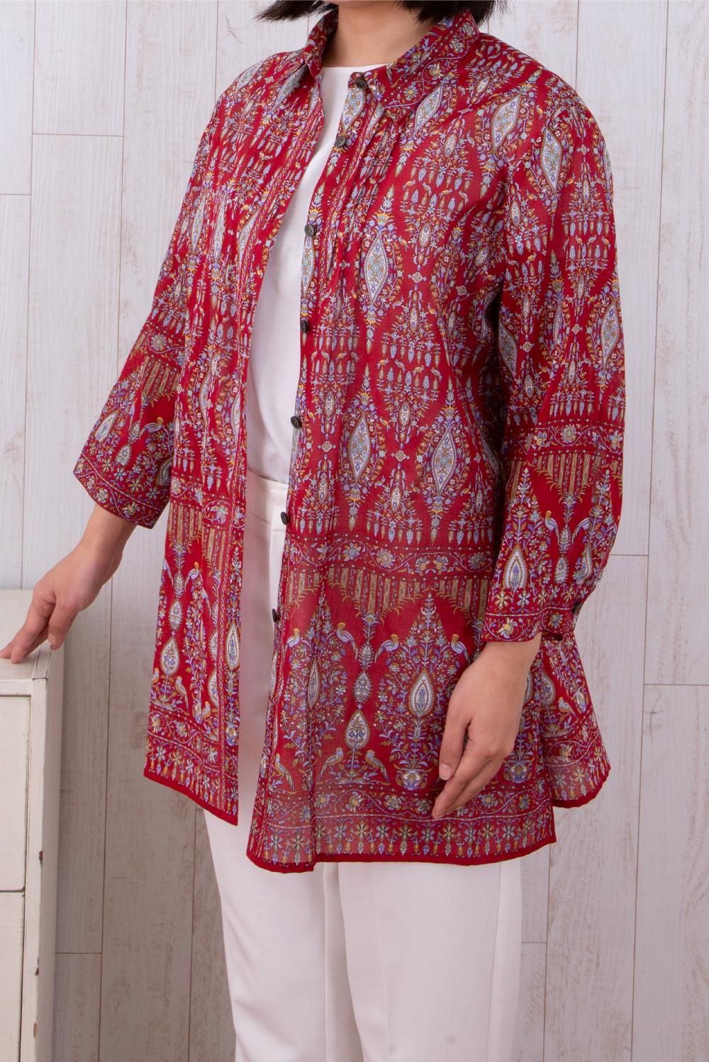 シャツ襟ピンタック入八分袖チュニックブラウス  バリカット  アカ