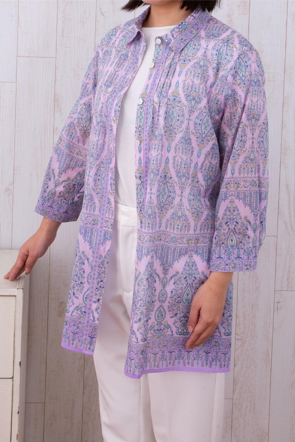 シャツ襟ピンタック入八分袖チュニックブラウス  バリカット  パープルワイン