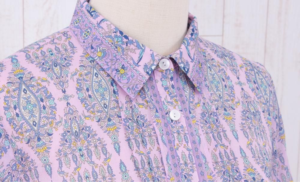 シャツ襟ピンタック入八分袖チュニックブラウス  バリカット  パープルワイン