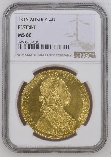 動画あり】1915年 オーストリア 4ダカット 金貨 フランツ・ヨーゼフ リストライク NGC MS66 - シマダコイン