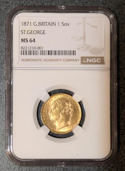 1871 イギリス ヴィクトリア女王 ソブリン金貨 PCGS MS62 1871年ヴィクトリア ソブリン金貨シールド【MS62
