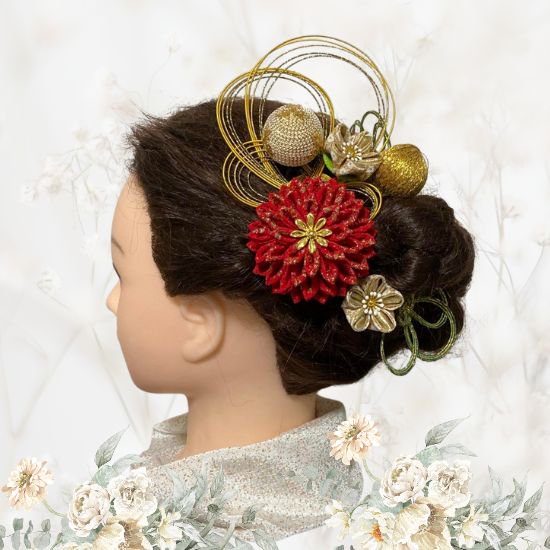 つまみ細工髪飾り №024 | 和装イベント用の華やかな大花飾りと小花髪 
