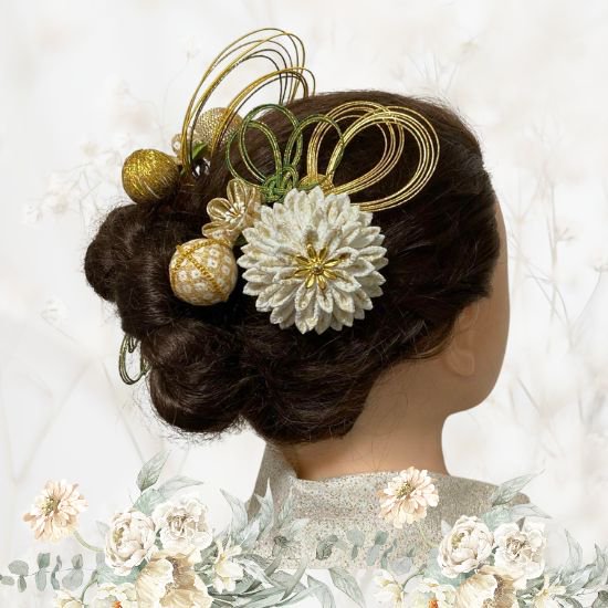 つまみ細工髪飾り №024 | 和装イベント用の華やかな大花飾りと小花髪 
