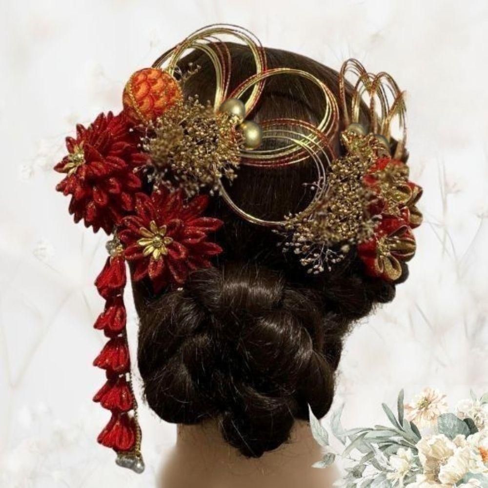 紅雅華（こうがか）｜つまみ細工 髪飾りセット 金 赤 成人式