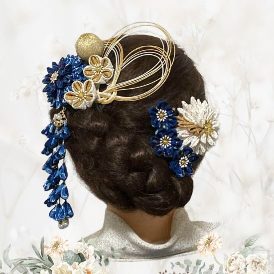つまみ細工髪飾り №036 | 輝く未来への誓い - 青と白、金色の調和が美しい髪飾り - つまみ細工の店優輪