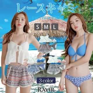 レースキャミとショートパンツ付き体形カバー水着4点セット