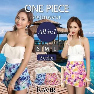インパン付き花柄サイドシャーリングフリル水着