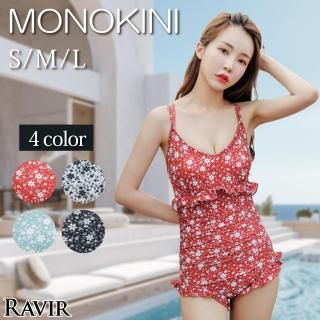 バックリボン小花柄フリル切り替えワンピース