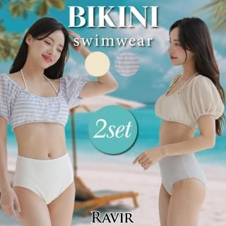 パフスリーブオフショルトップス×ハイウエストパンツビキニ2点セット