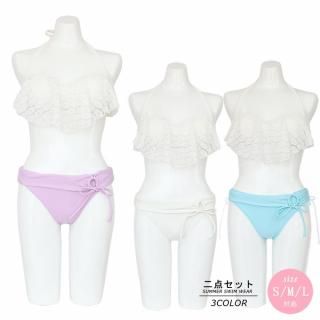 バイカラーワイヤー入りレースフリルバンドゥビキニ2点セット