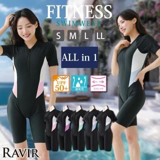 バイカラーライン半袖オールインワンFitnessフィットネス運動系水着