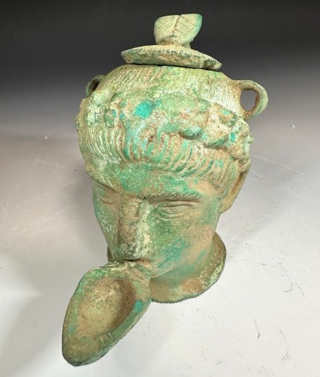 古代ローマ オイルランプ 青銅人面蓋付灯火器】紀元1世紀/オイル台 ブロンズ 神面/骨董 考古学 発掘 出土/祭祀 儀礼/653