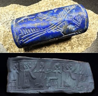 古代バビロン 翡翠 円筒印章 神 王 紀元前14世紀 楔形文字 メソポタミア