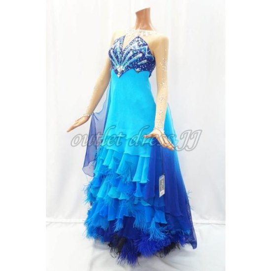 ヨーロッパ製スタンダードドレス　M545ブルー羽　Mサイズ - dancedress-jj