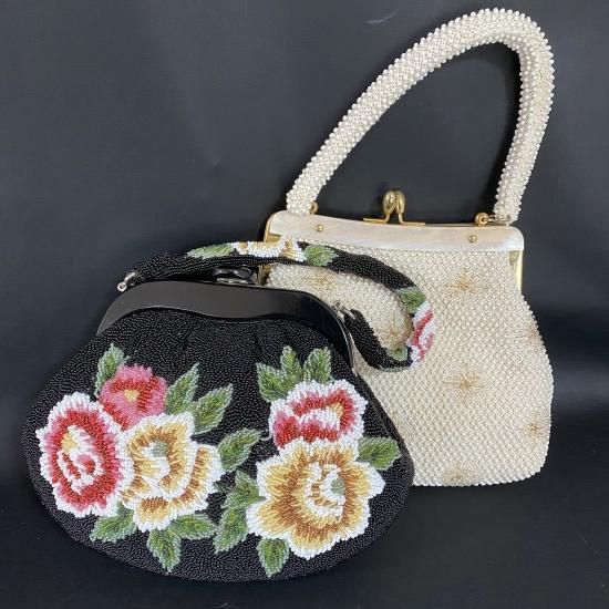 A26 ビーズバック 2点 総ビーズ刺繍*花柄*ハンドバッグ 手提げ鞄