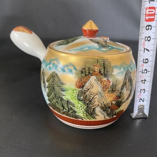 A104 九谷焼 九谷陶寿 金彩 横手 急須 1客 湯呑 5客 湯冷まし 1客 陶器