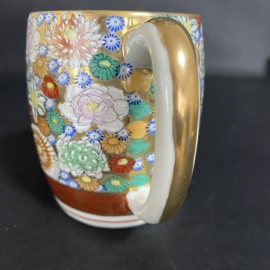 蔵出し　昭和初期　九谷焼 マグカップ 戦前輸出用 金彩色絵 花詰　レトロ 希少 A125 蔵出し 昭和初期 九谷焼 マグカップ 戦前輸出用 金彩色絵