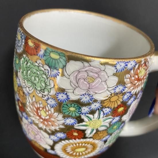 蔵出し　昭和初期　九谷焼 マグカップ 戦前輸出用 金彩色絵 花詰　レトロ 希少 A125 蔵出し 昭和初期 九谷焼 マグカップ 戦前輸出用 金彩色絵