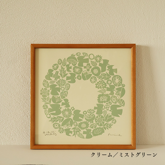 BIRDS’ WORDS（バーズワーズ）／ポスター（シルクスクリーン） ／WREATH（リース柄） 30cm／木製額入り