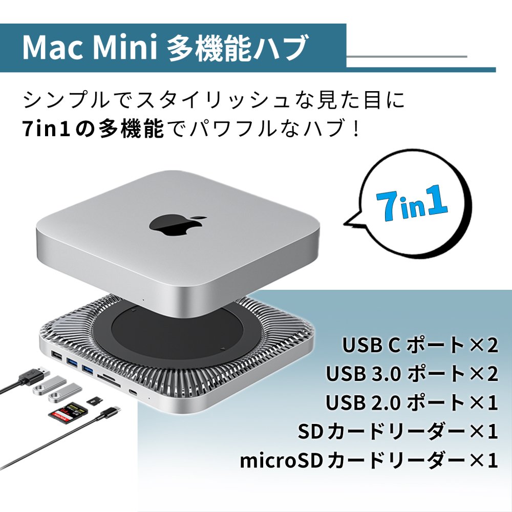 7in1 放熱設計 Mac mini用スタンド USBハブ usb-c/a 7ポート 拡張 多機能 ハブ a5701 - MSL  FORCEメーカー公式店