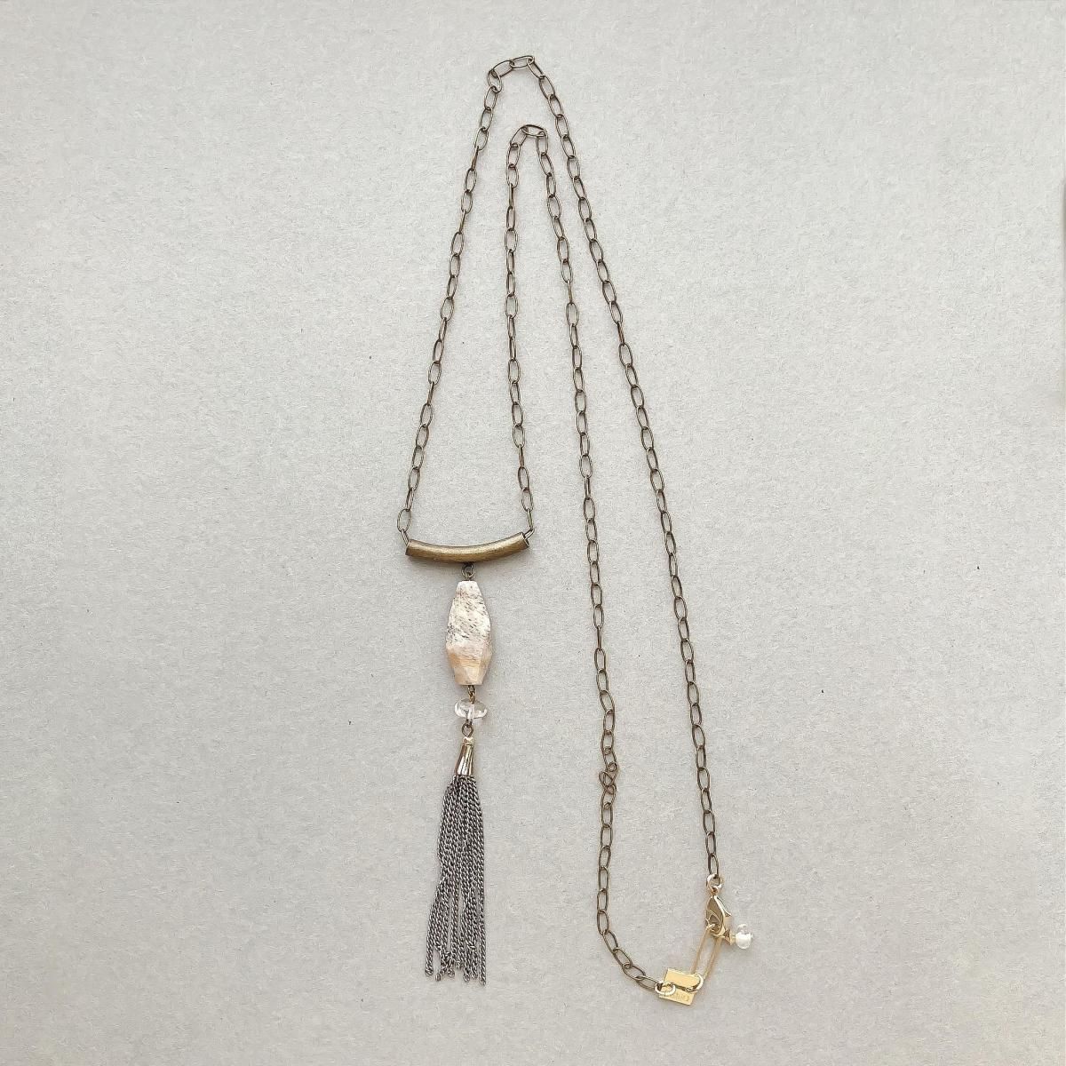 NECLACE:Petrified wood  chain tasselAMNC0030