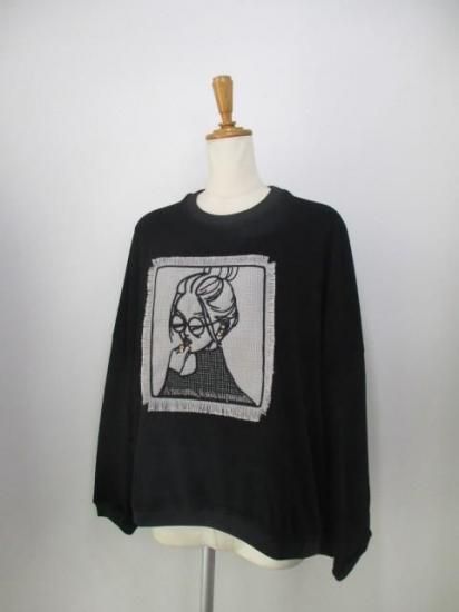 マリードール MARIED'OR 刺繍貼り付け 起毛ストレッチ 身巾ワイドクルー 19538-ブラック