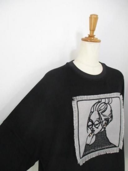 マリードール MARIED'OR 刺繍貼り付け 起毛ストレッチ 身巾ワイドクルー 19538-ブラック