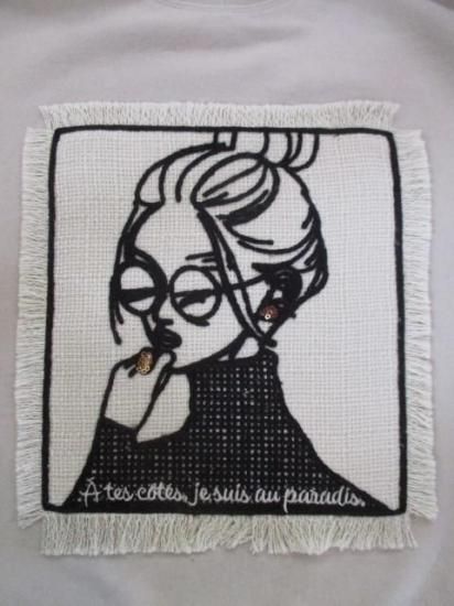 マリードール MARIED'OR 刺繍貼り付け 起毛ストレッチ 身巾ワイドクルー 19538-グレージュ