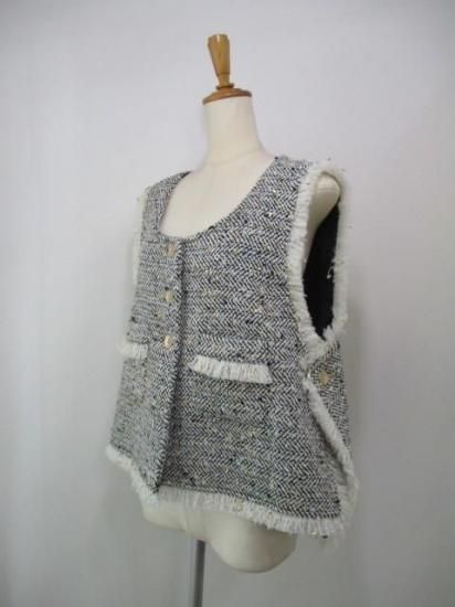 送料無料 シアントーキョー CYAN TOKYO ランダムラメツイードオープンベスト 507403 ツイード オープンベスト ファッション ジレ プルオーバー レイヤード ボタン BLACK