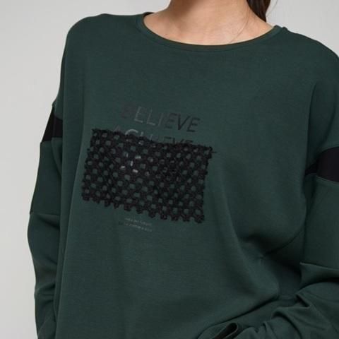 送料無料 プライア Praia カギバリレース+プリントコクーンカットソー LEO-21100B カギバリレース カットソー ダブルフェイス コクーン トップス 着心地 GREEN