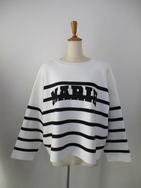 送料無料 マリードール MARIED'OR 綿ポリエステル身巾ワイドワッペンロゴPO 95196 トップス ワッペン ロゴ カジュアル ボーダー スタイルアップ ゆったり WHITE×BLACK