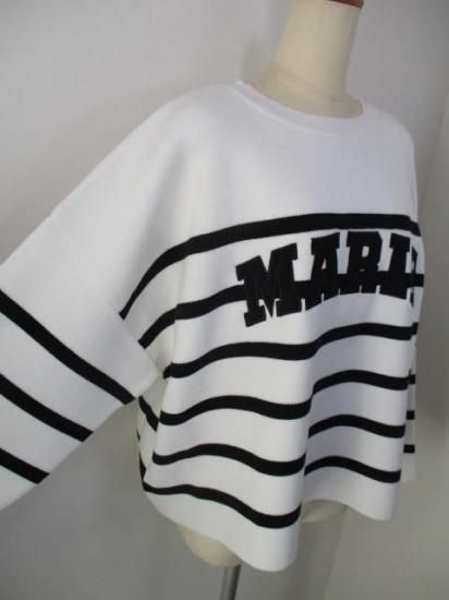 送料無料 マリードール MARIED'OR 綿ポリエステル身巾ワイドワッペンロゴPO 95196 トップス ワッペン ロゴ カジュアル ボーダー スタイルアップ ゆったり WHITE×BLACK