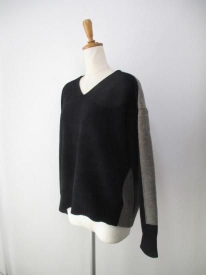 huitieme nid ユイティーム ニ モール配色VネックPO 523818-ブラック×アッシュブラウン