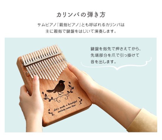 カリンバ（Kalimba）17キー・絵柄付きタイプ〔バード（鳥）/ナチュラル〕、初心者セット付き - お宝ランド カリンバの調べ