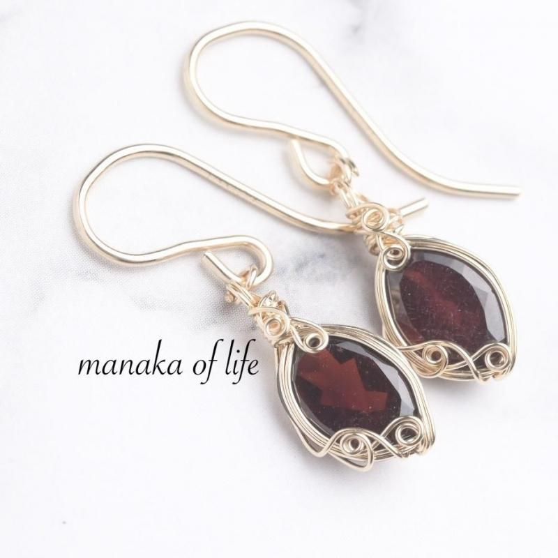 天然石　ロードライトガーネット　ワイヤーラッピング　ピアス　14kgf ロードライトガーネット ピアス ワイヤーラッピング 14kgf