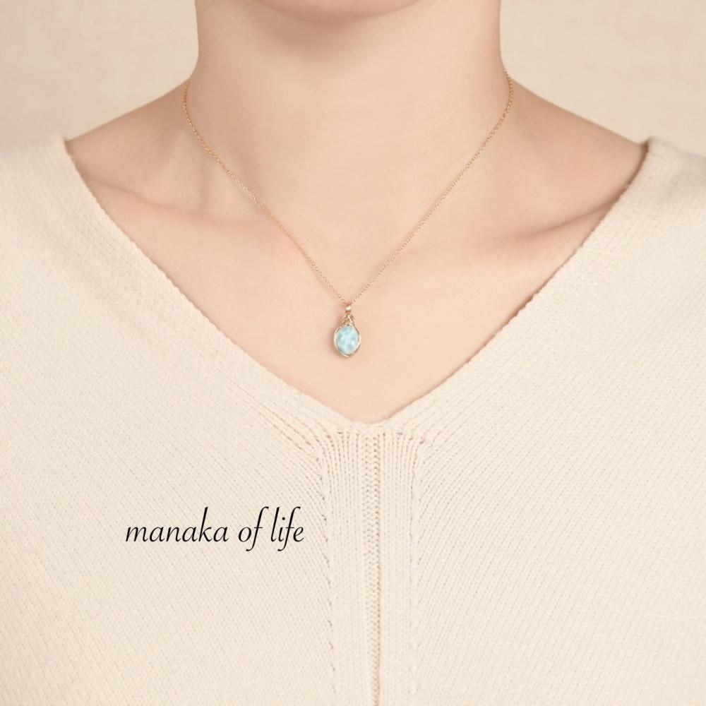 ラリマー ペンダントトップ ワイヤーラッピング ネックレス 14kgf