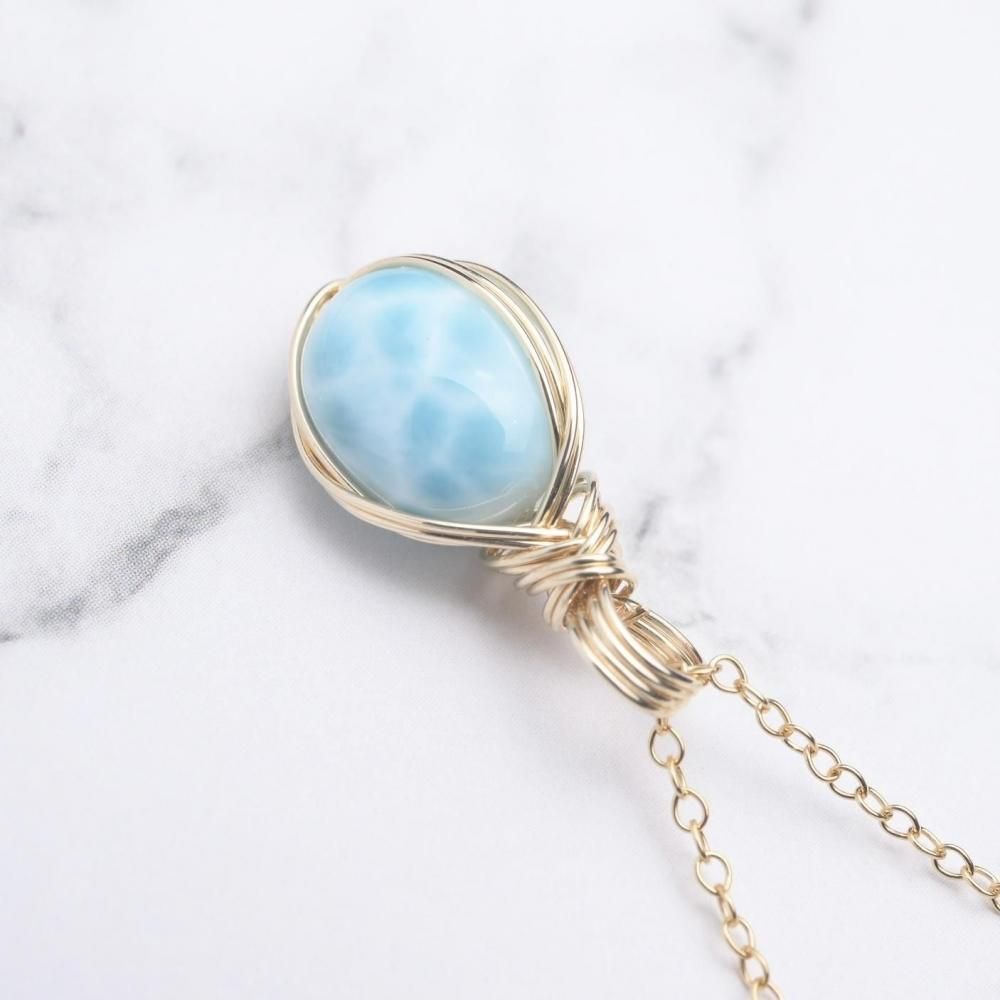 ラリマー ペンダントトップ ワイヤーラッピング ネックレス 14kgf