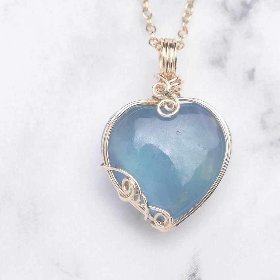 アクアマリン ハート ペンダントトップ ワイヤーラッピング ネックレス