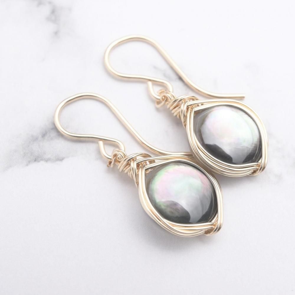 ブラックシェル 黒蝶貝 ピアス 天然石 ワイヤーラッピング 14kgf