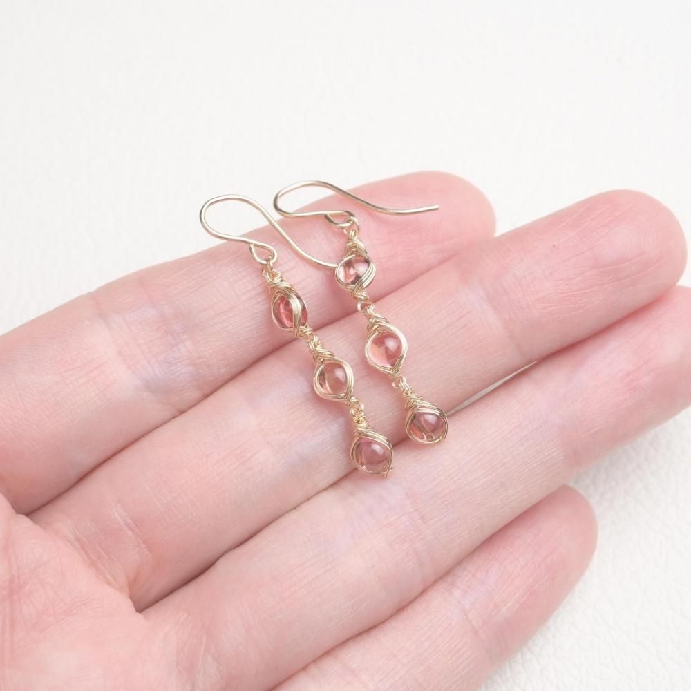 ピンクトパーズ ピアス ワイヤーラッピング 14kgf 天然石