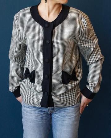 80's Hound's-tooth check ribbon shirt 