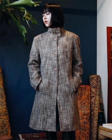 Stand collar tweed long coat