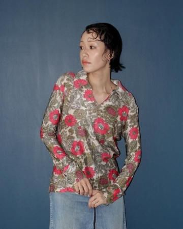 70s flower pattern skipper collar shirt(made in USA)